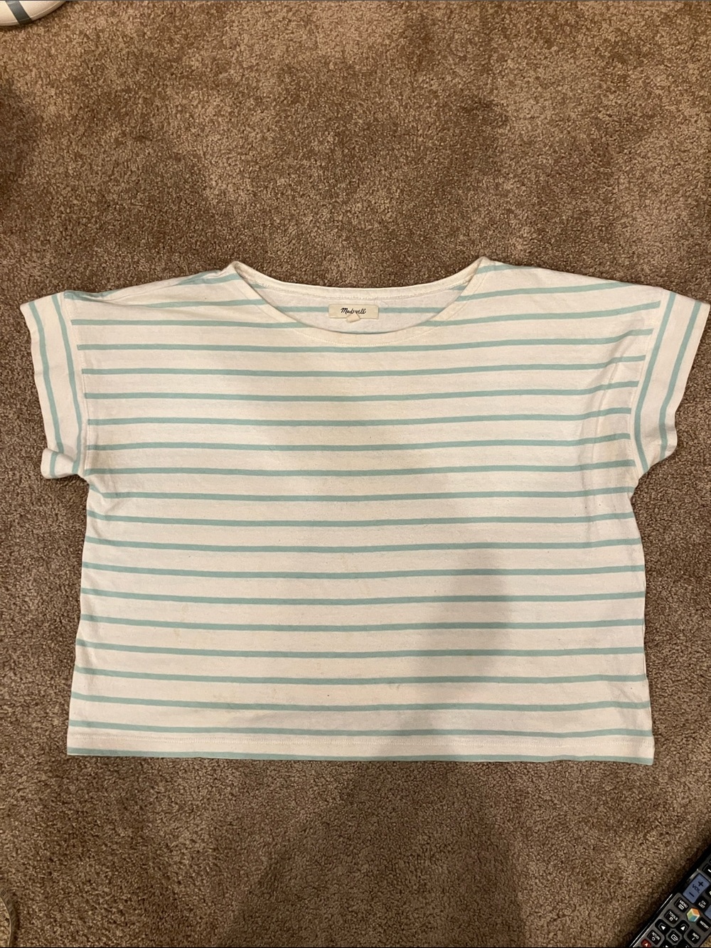 100% cotton Striped Short-Sleeve crop Tee in Light Aqua and White